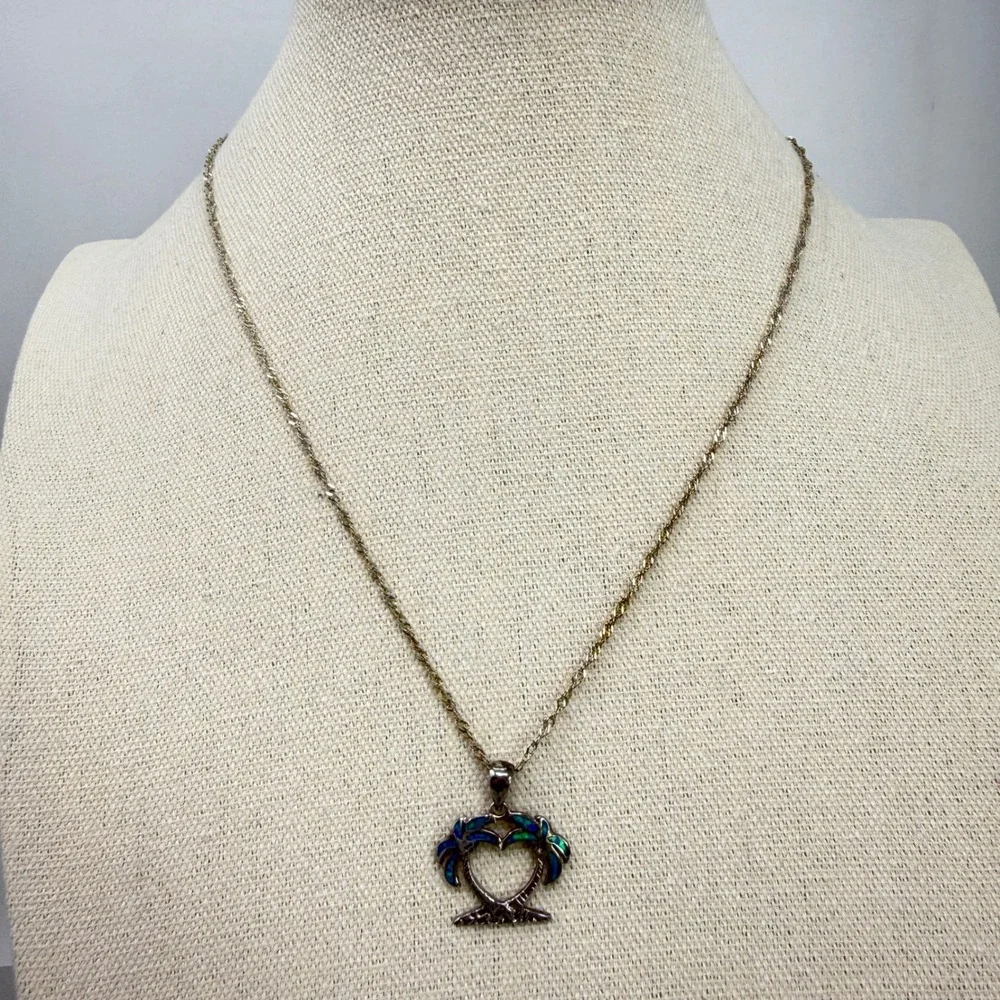 Sterling Silver Opal‎ Palm Tree Heart Necklace Pendant Beach Vacation Island